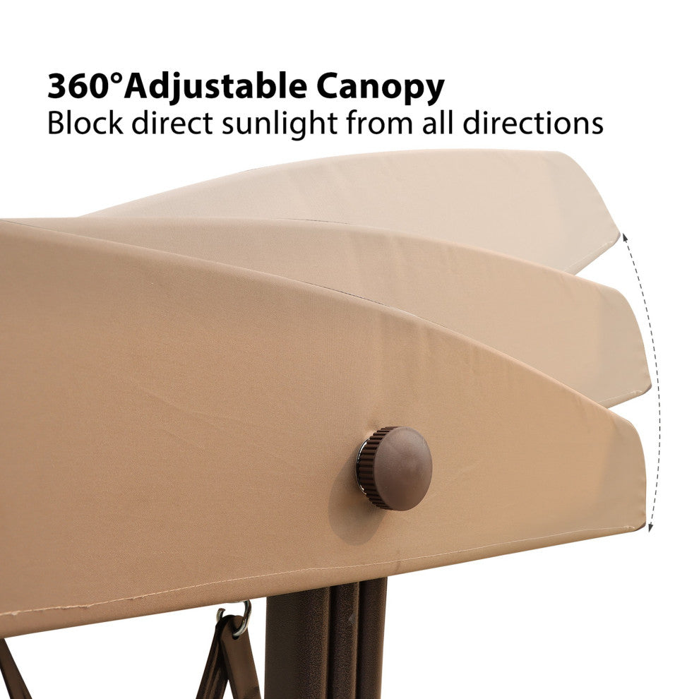 Outdoor Patio Porch Swing Chair With Adjustable Canopy and Pillow, Brown Beige