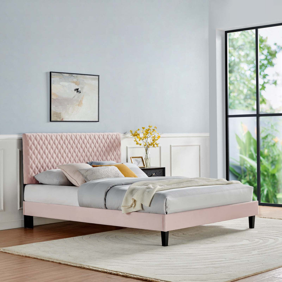 Platform Bed Frame, King Size, Pink, Velvet, Modern, Bedroom Master Guest Suite