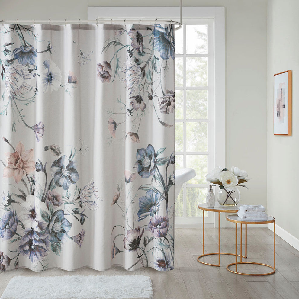 Madison Park Cassandra Large Floral Print Shower Curtain, Blue