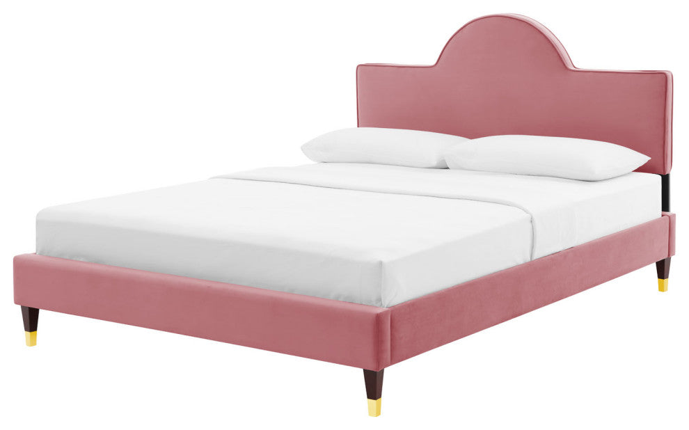Platform Bed Frame, Queen Size, Pink, Velvet, Modern, Bedroom Guest Suite