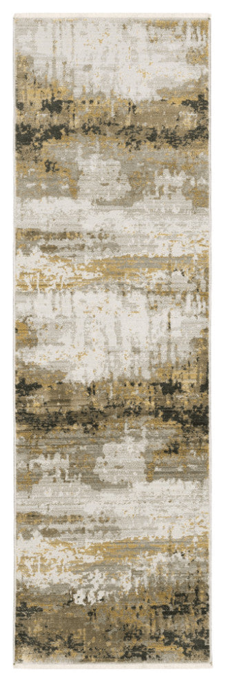 8' Grey Gold Black Charcoal And Beige Abstract Power Loom Runner Rug With Fringe
