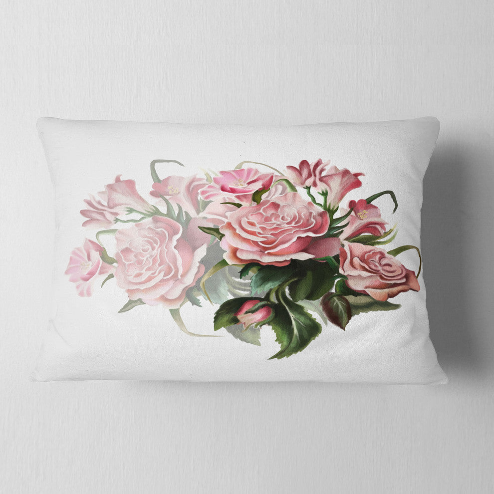 Pink Rose Bouquet Watercolor Floral Throw Pillow, 12"x20"