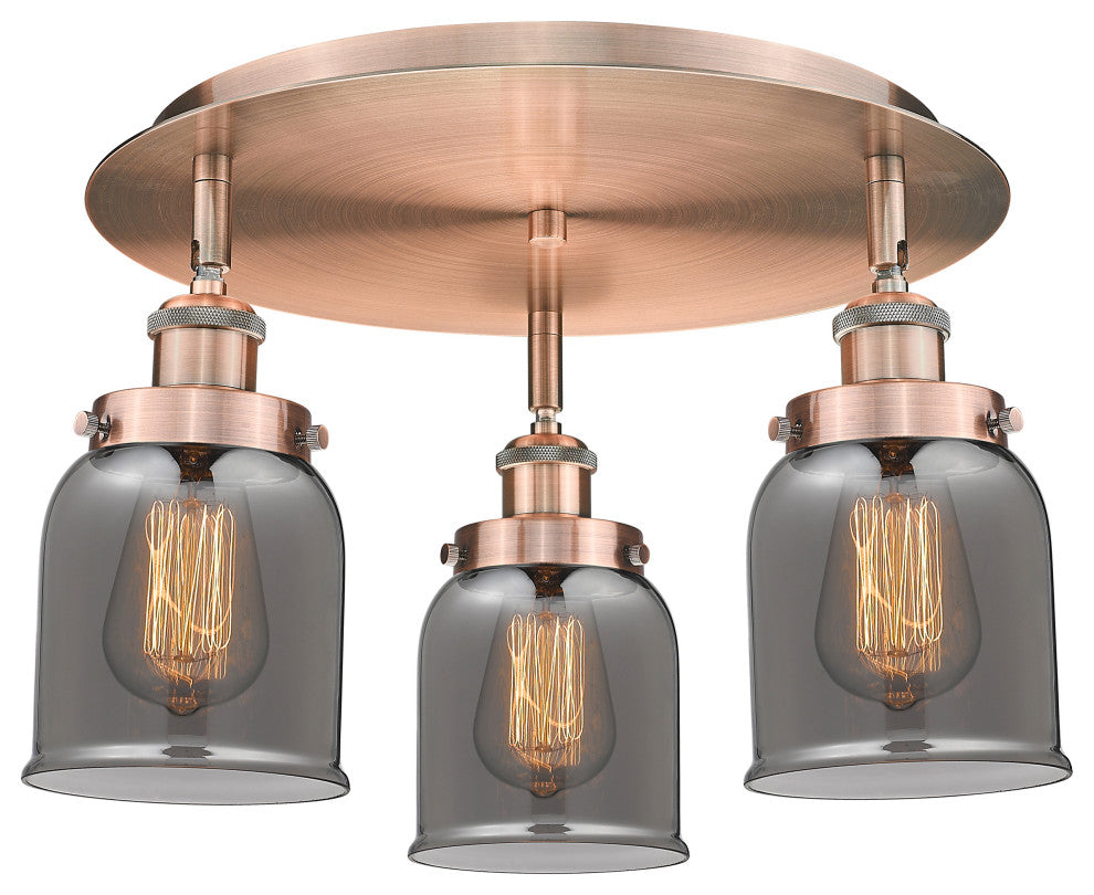 Bell-3 Light 17" Flush Mount-Antique Copper, Plated Smoke Glass Shade