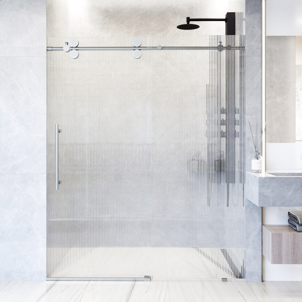VIGO Elan 68" to 72" W x 74" H Frameless Sliding Shower Door, Stainless Steel, Left, Fluted Glass