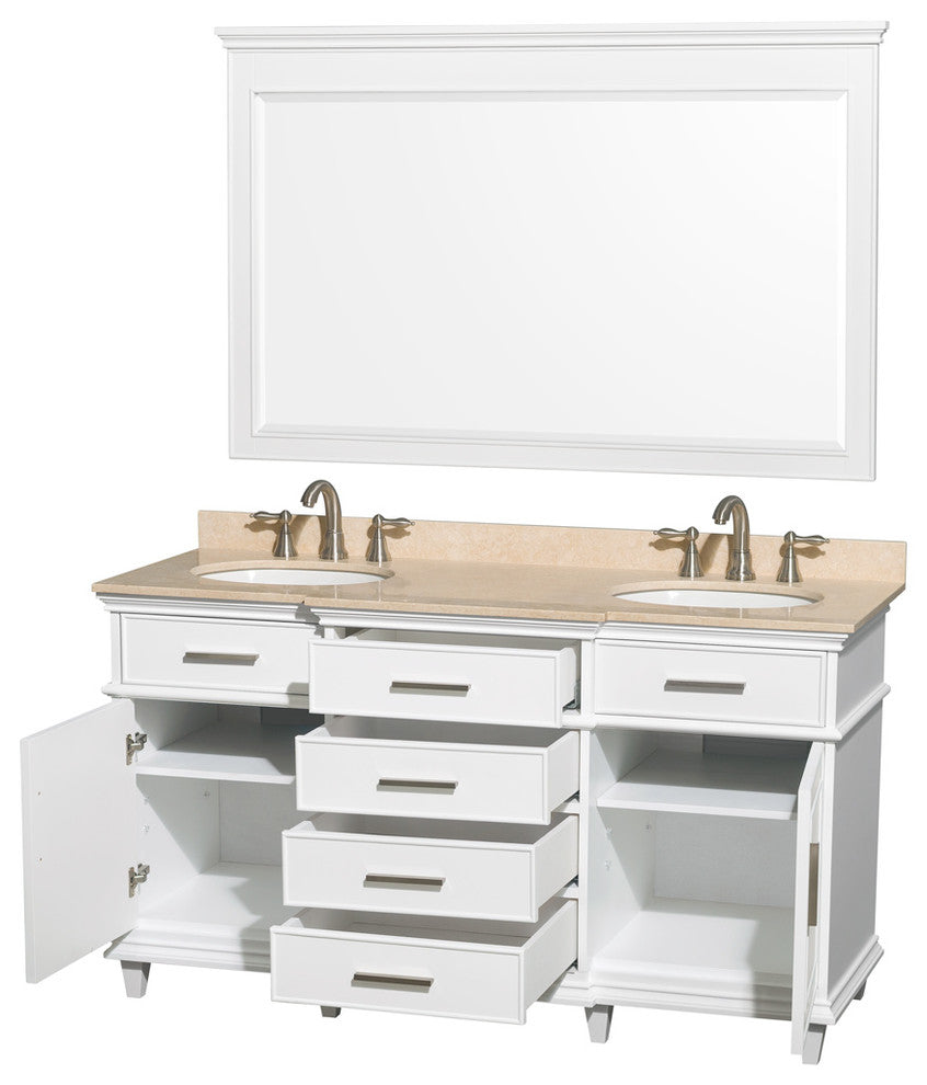 Berkeley 60" White Double Vanity, Ivory Marble Top, Um Rd Sinks, 56"