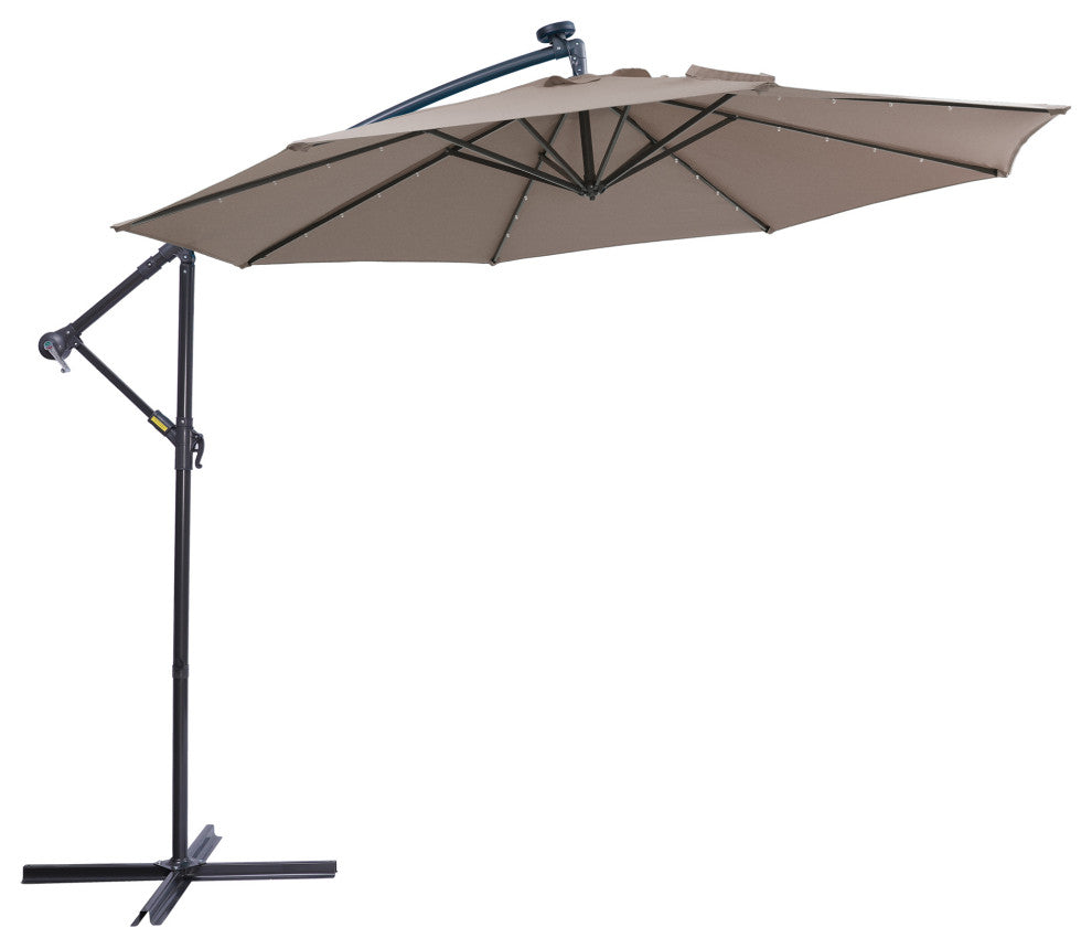 10' Steel Patio Hanging Cantilever Umbrella With 32 Solar LED Lights, Brown