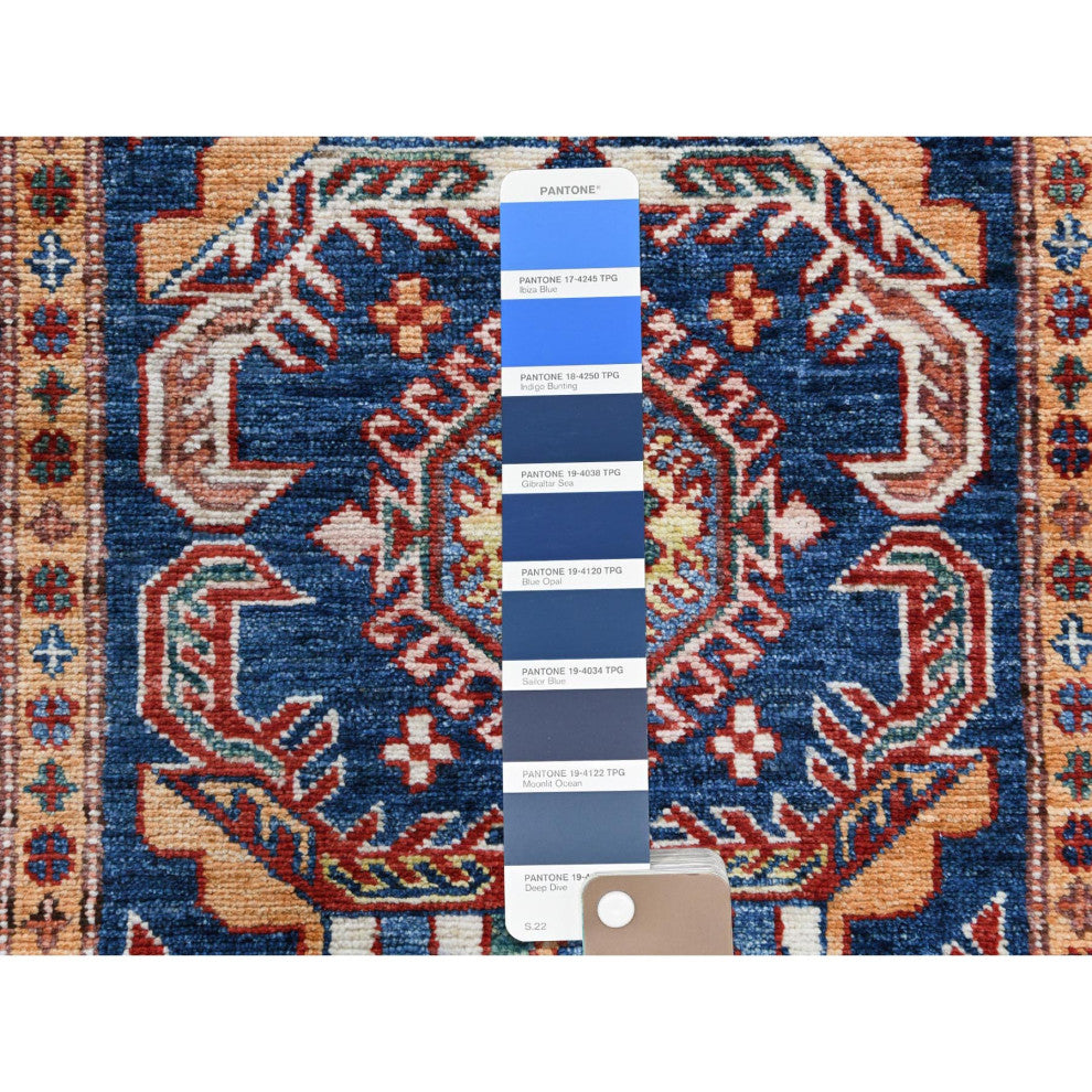 Shiny Wool Hand Knotted Navy Blue Afghan Super Kazak Runner Rug, 2'10" x 11'0"