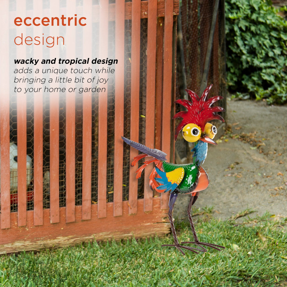 Alpine Wacky Tropical Metal Rooster Decor Statue, 17"