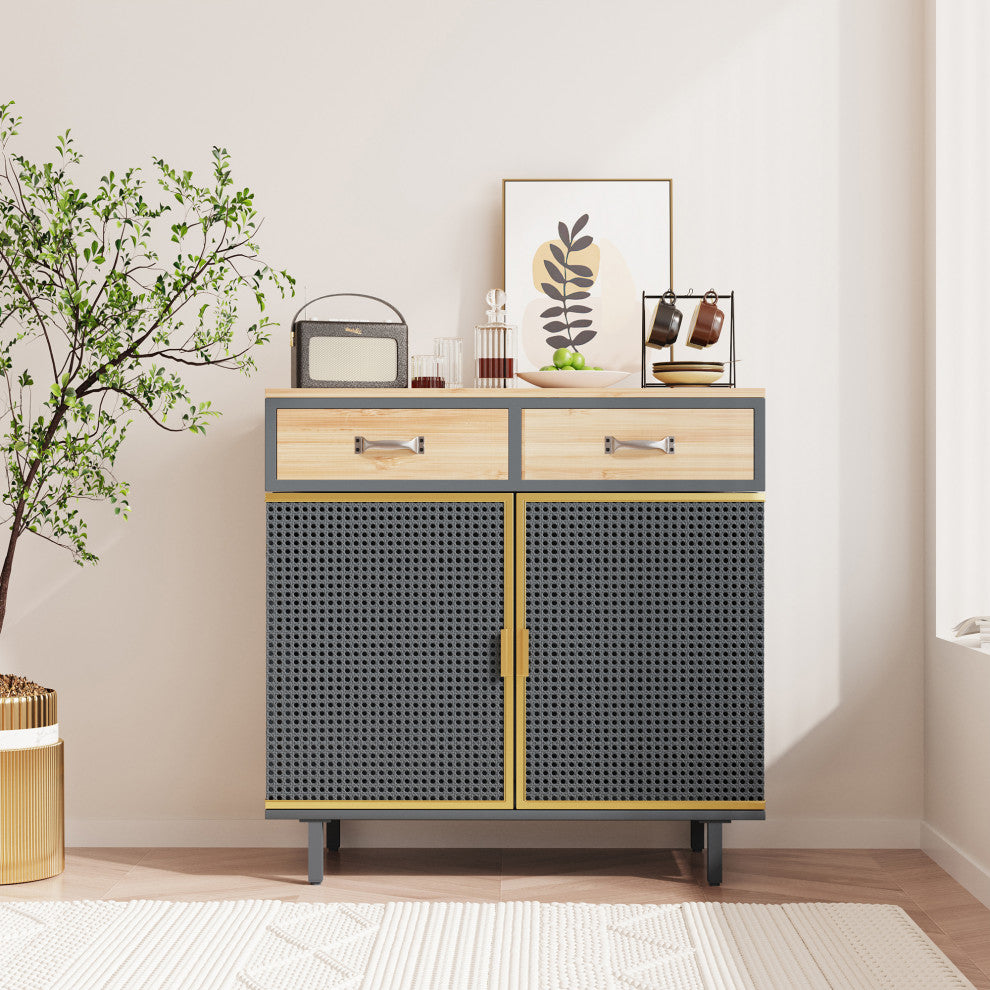 32" Tall Metal 2-door Accent Cabinet with 2-drawer, Dark Gray