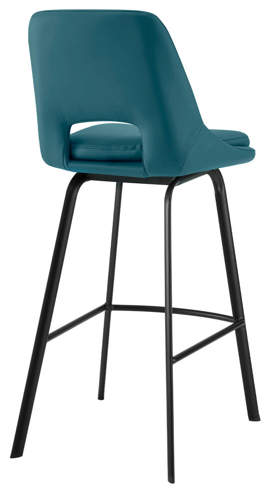 26" Elegant Blue Faux Leather and Black Metal Armless Swivel Counter Stool