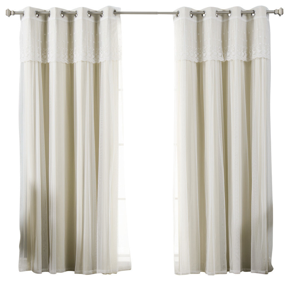 Tulle Sheer With Attached Valance and Solid Blackout Curtains, Beige, 84"