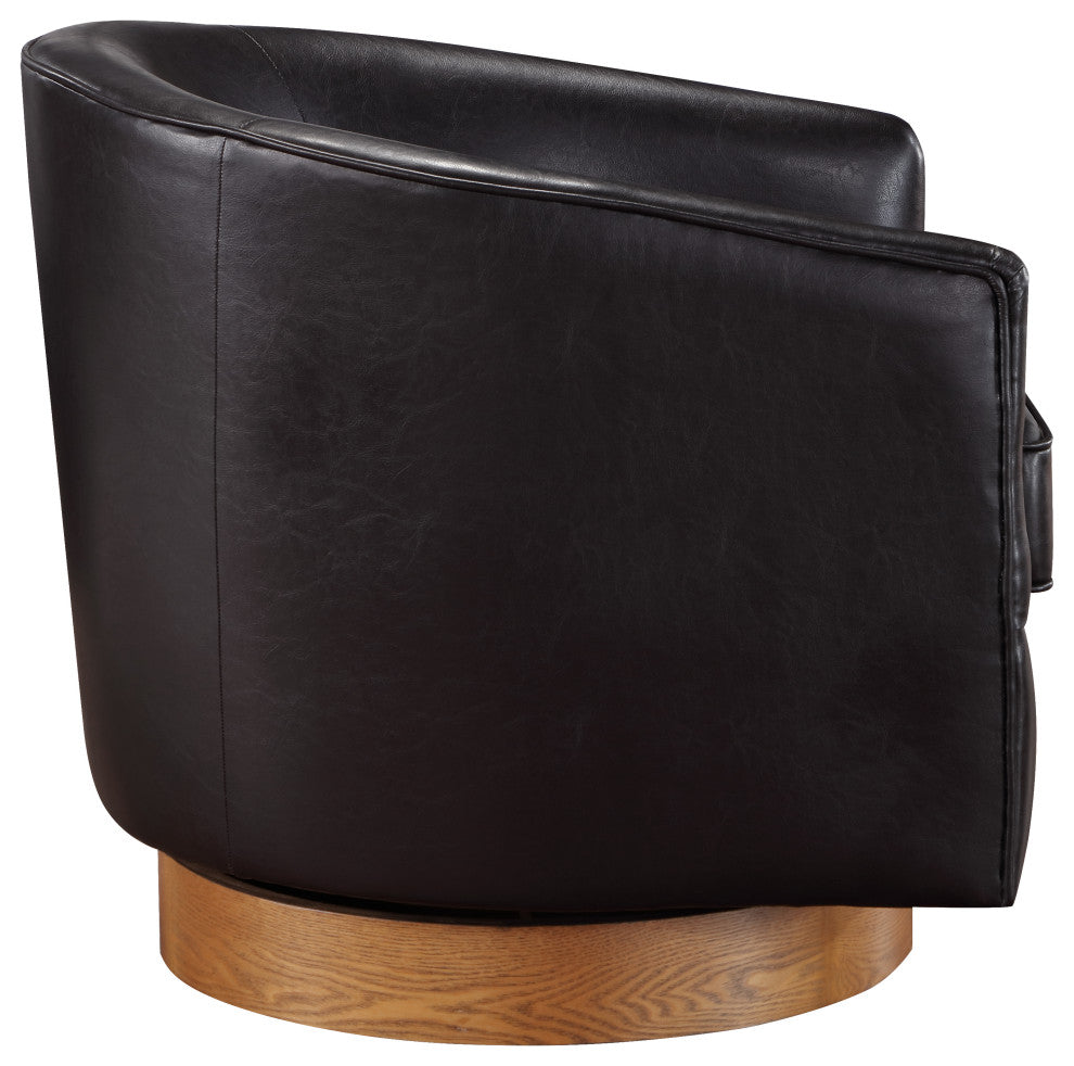 Irving Faux Leather Wood Base Barrel Swivel Chair, Dark Brown