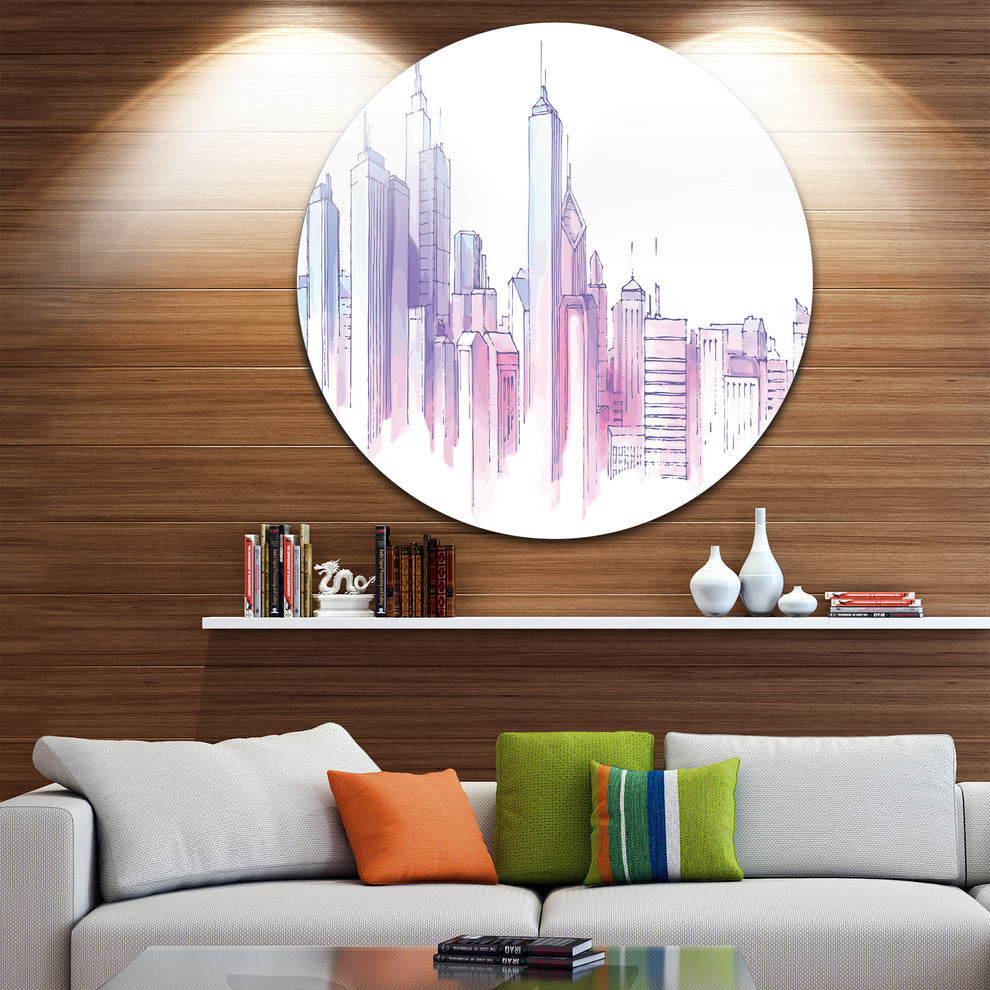 Purple City Skyline, Cityscape Painting Round Metal Wall Art, 36"