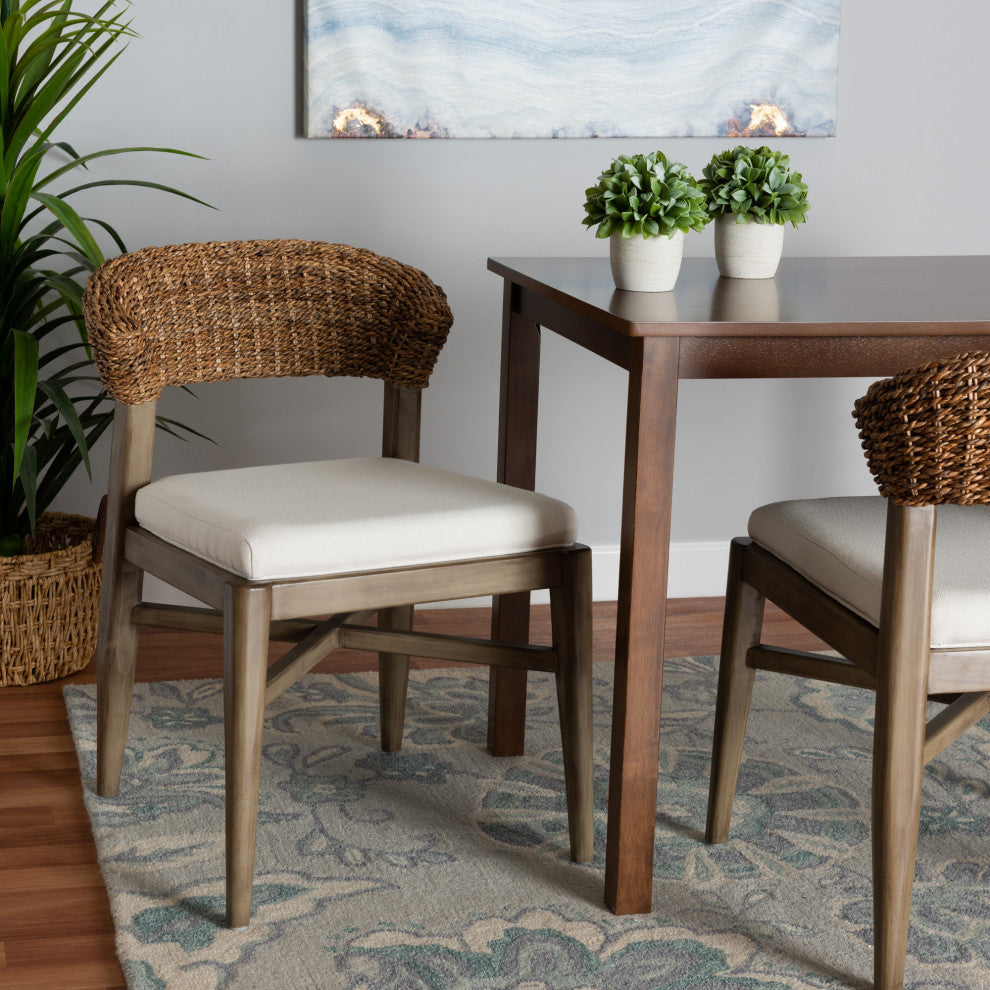 Bohemian Walnut Brown Finished Mahogany Wood and Natural Rattan Dining Chair