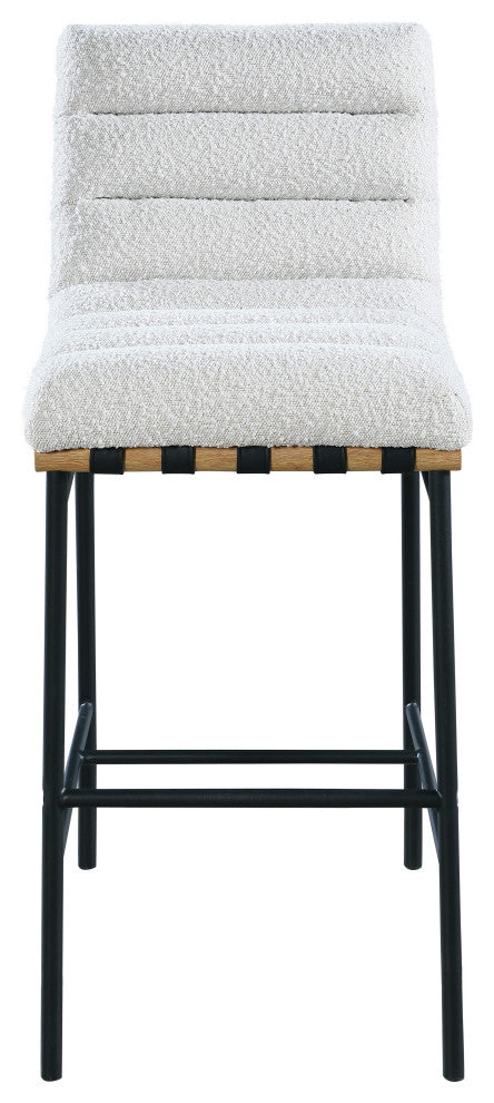 Burke Upholstered Bar Stool, Cream, Boucle Fabric, White Oak Veneer Metal Dowel