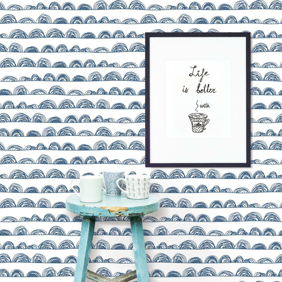 White & Indigo Doodle Scallop Peel & Stick Wallpaper