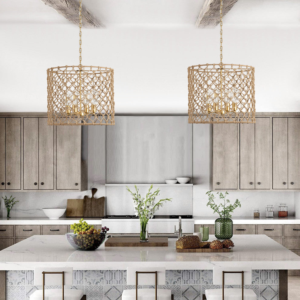 Gold 4-Light Adjustable Pendant Light Fixture With Hemp Rope Woven Craft