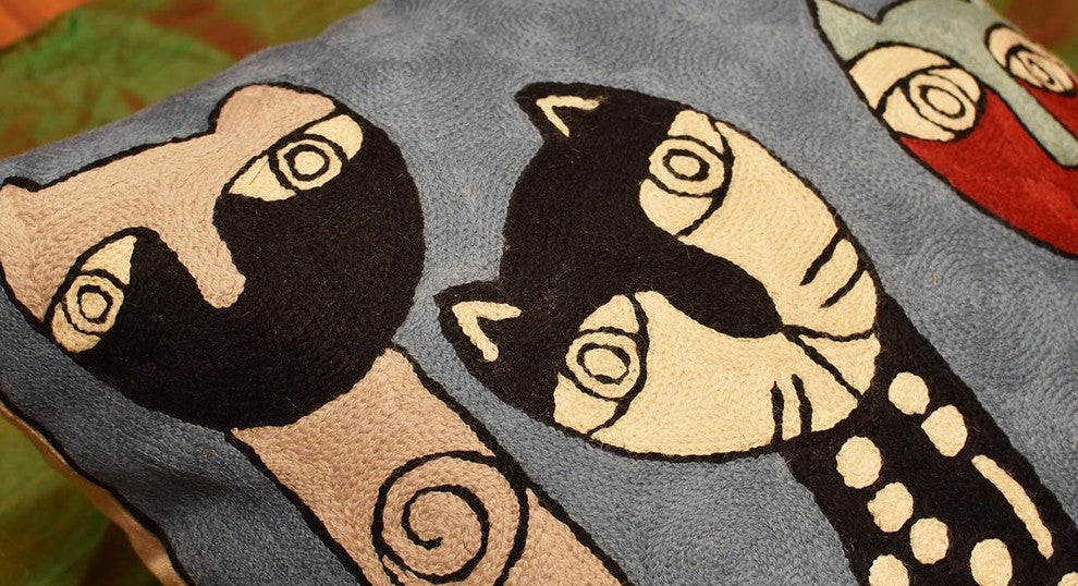 Picasso Cat Pillow Cover Quadruplets II Hand Embroidered Wool 18x18"