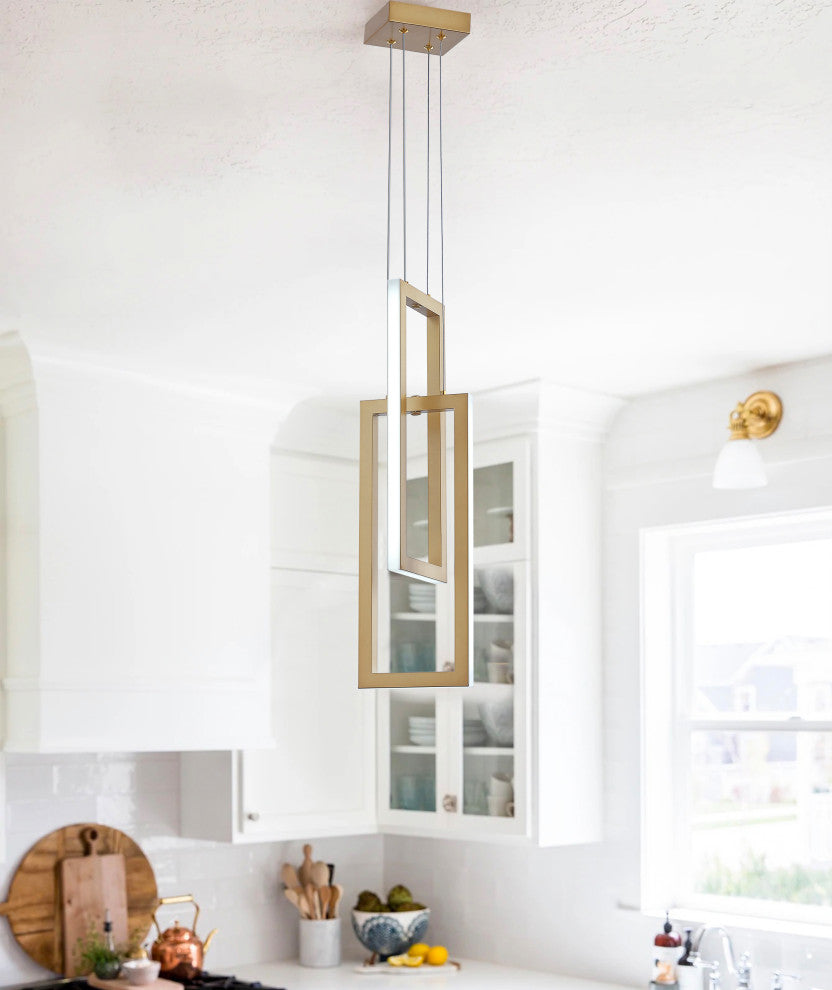 2-Light Rectangle LED Pendant Light Chandelier, Gold