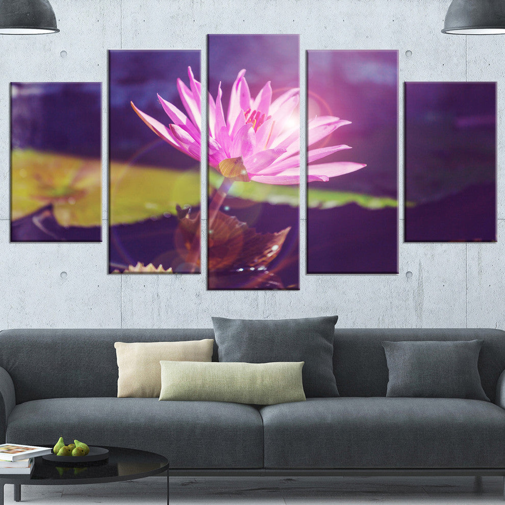 Pink Lotus Flower on Blue Background, Floral Canvas Art Print, 60"x32", 5 Panels