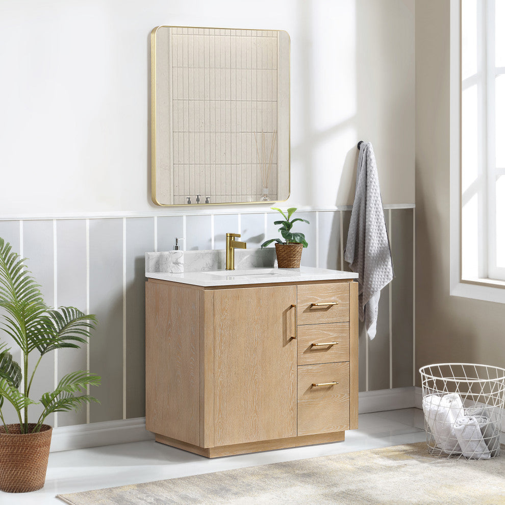 San Bath Vanity with Stone Top, Washed Ash Grey, 36", Single Vanity, No Mirror
