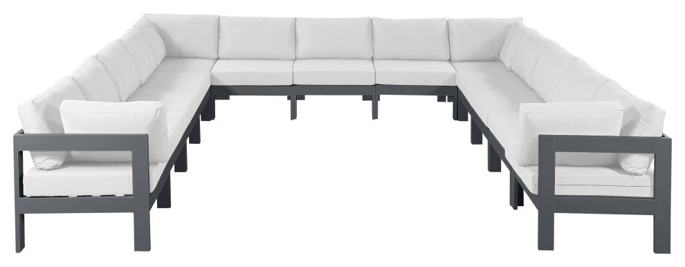Nizuc Water Resistant Patio U-Shaped Modular Sectional, White, 13-Piece: 9 Armless Chair, 4 Corner Chair, Dark Gray Aluminum Frame