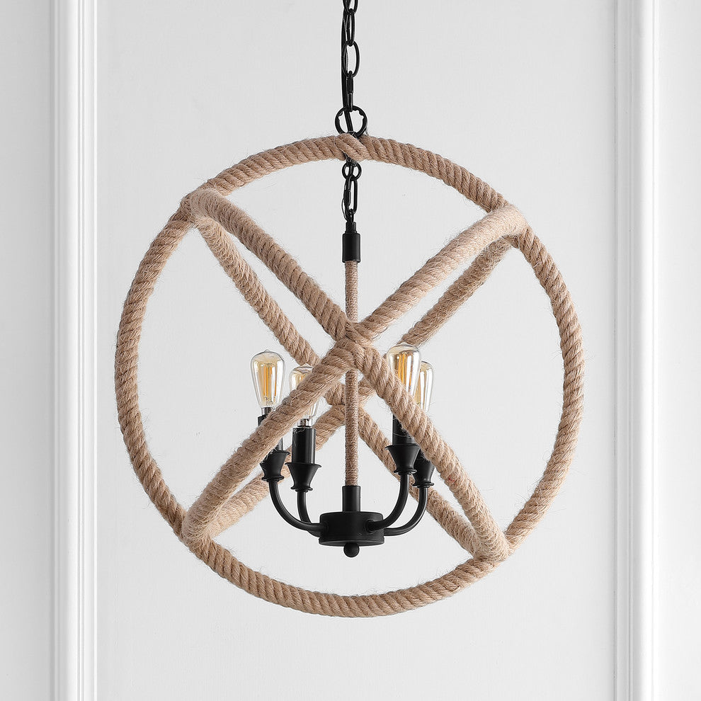Soka 4-Light 20" Adjustable Rope Globe LED Chandelier, Black and Brown