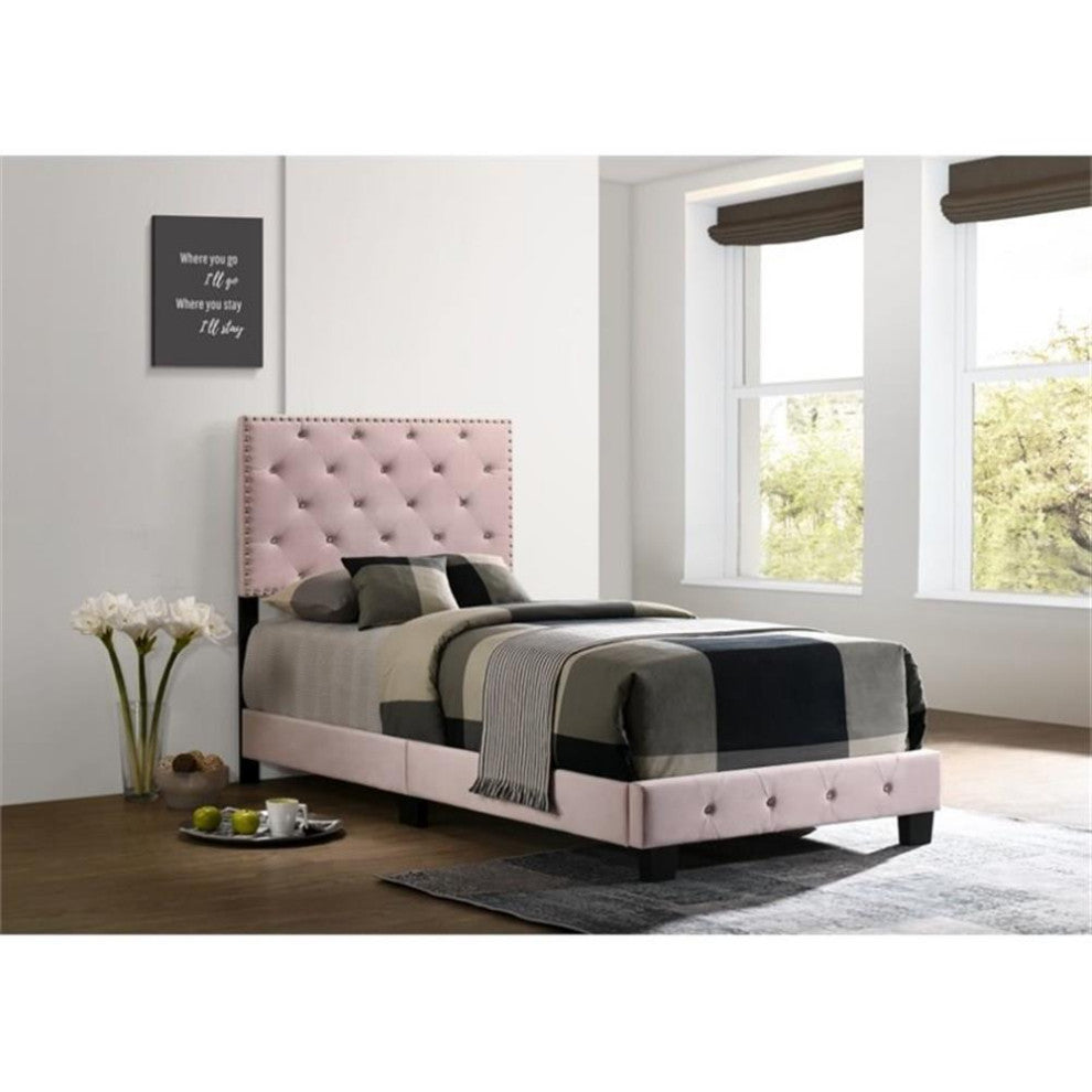 Glory Furniture Suffolk Velvet Upholstered Twin Bed in Pink
