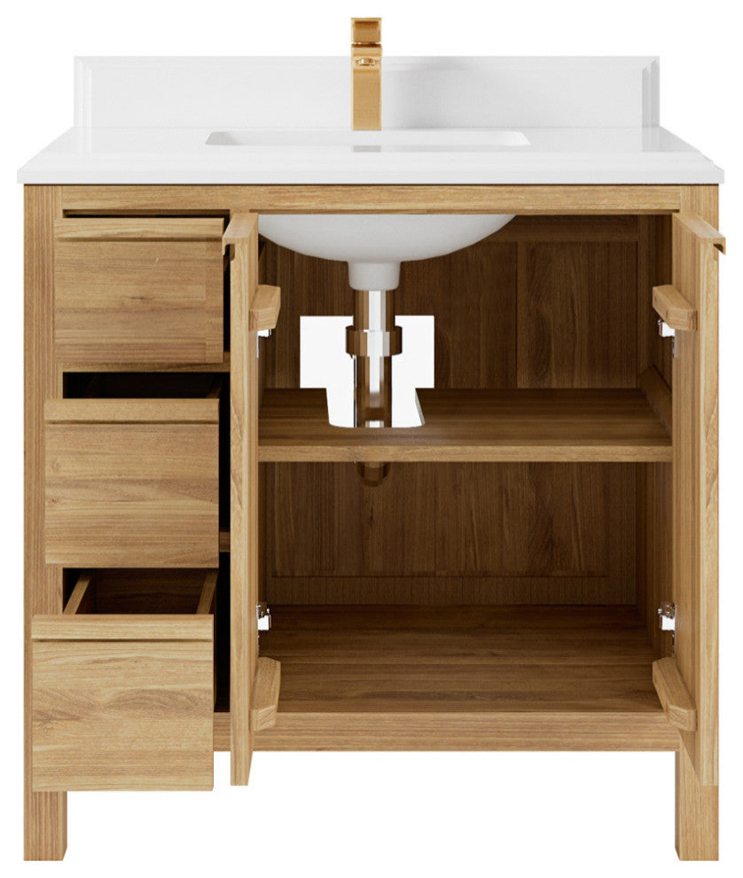 Elizabeth 36 Center Sink Bath Vanity in Light Natural Teak 1.5" White Quartz