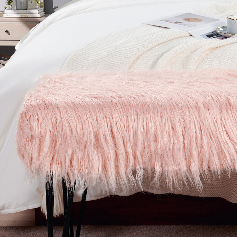 Mongolian Fur Ottoman, Coral Pink, 46"x16"x22"