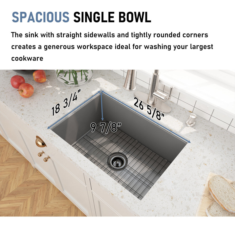 27in Undermount Single Bowl Fireclay Kitchen Sink with Grid and Drainer, Matte Gray