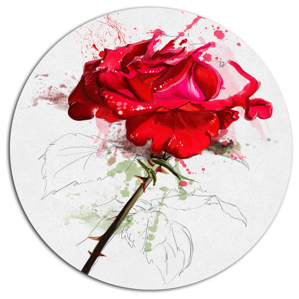 Rose Sketch With Stem On White, Flower Round Metal Wall Art, 23"