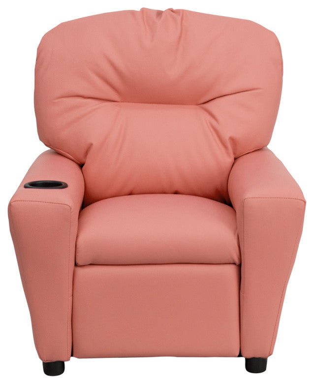 Contemporary Pink Vinyl Kids Recliner With Cup Holder