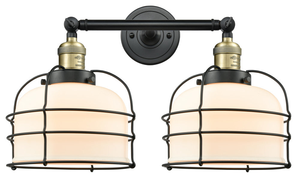 Large Bell Cage 2-Light Bath Vanity-Light, Black Antique Brass, Matte White