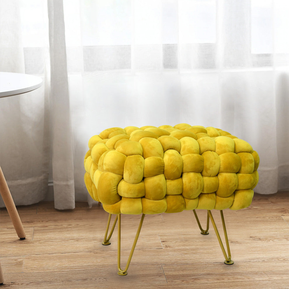 Velvet Pouf Stool Ottoman, Lemon Curry, 27''x20''x20''