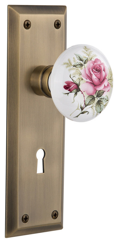 New York Plate Passage White Rose Porcelain Knob, Antique Brass