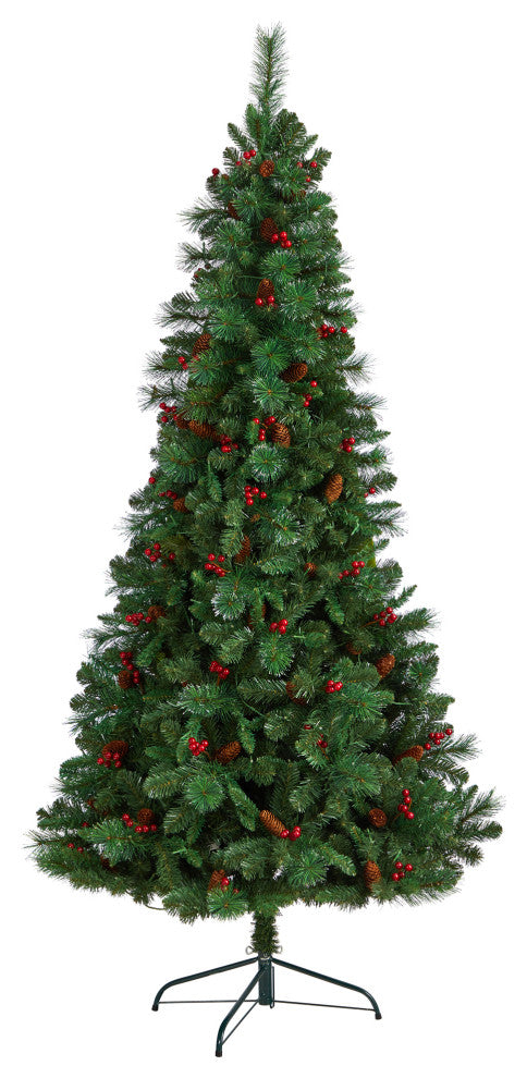 7' Flat Back Montreal Mountain Pine Faux Xmas Tree W/ Pinecones, Berries, Lights
