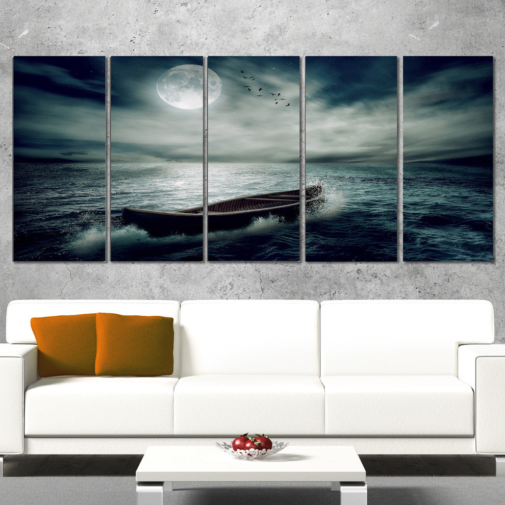 Boat Drifting Away After Storm, Seashore Canvas Print, 60"x28", 5 Panels