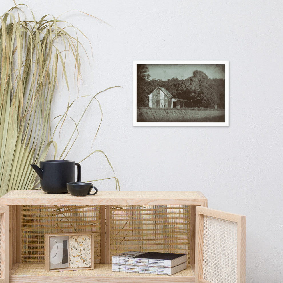 Patriotic Barn in Field Vintage Black and White Framed Photo Wall Art Print, White, 12" X 18"