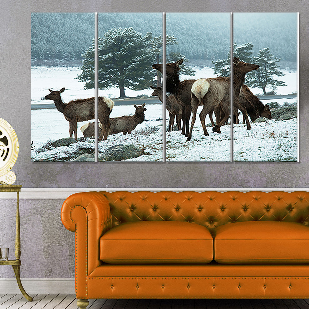 Gang of Deer in Rocky Mountains, Landscape Canvas Art, 48"x28", 4 Panels