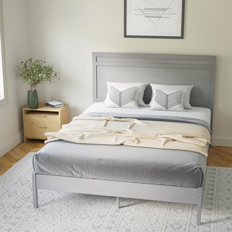 Kingston Solid Wood Platform Bed with Wooden Slats and Headboard, Gray, Queen