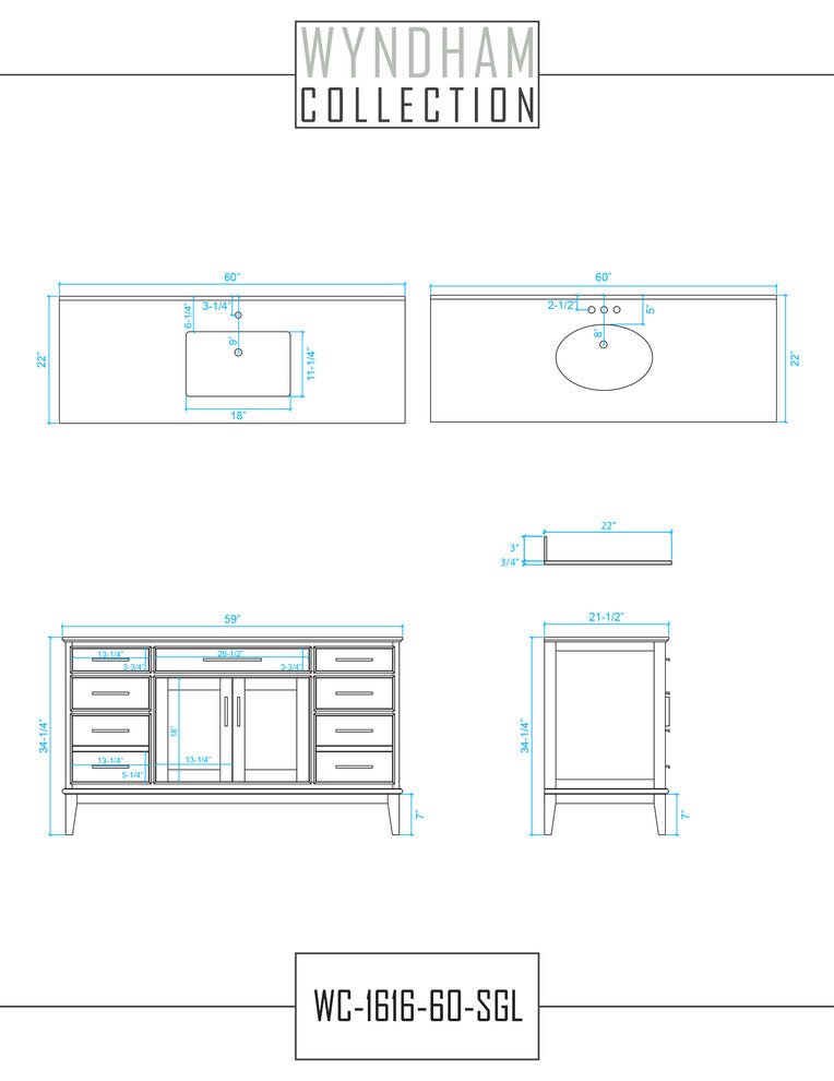 Hatton 60" Dark Chestnut Single Vanity, No Top, No Sink, 56"
