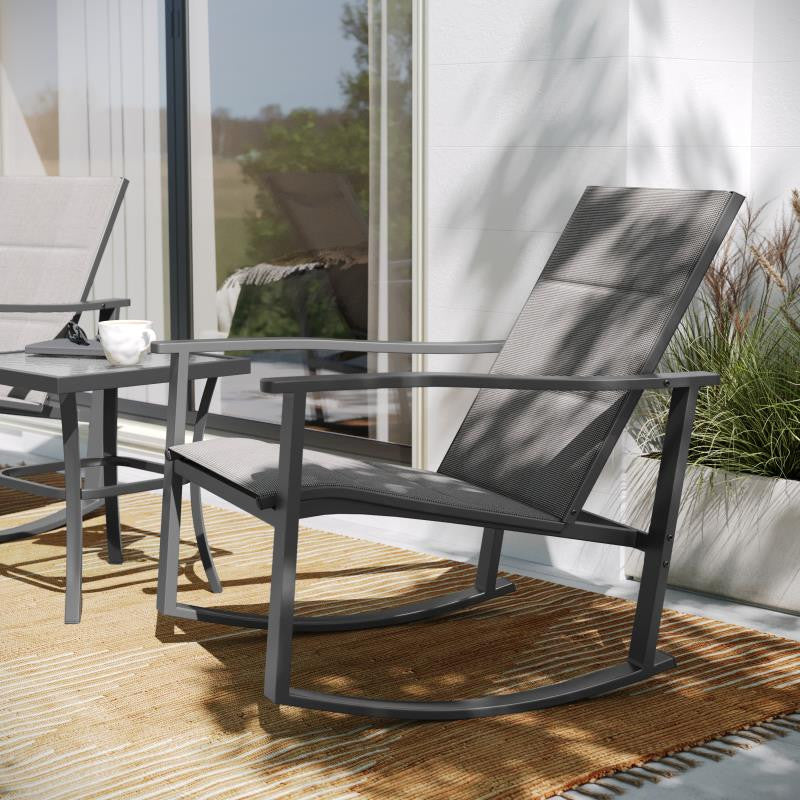 Brazos 3 Piece Outdoor Rocking Chair & Glass Top Table Set, Gray/Black