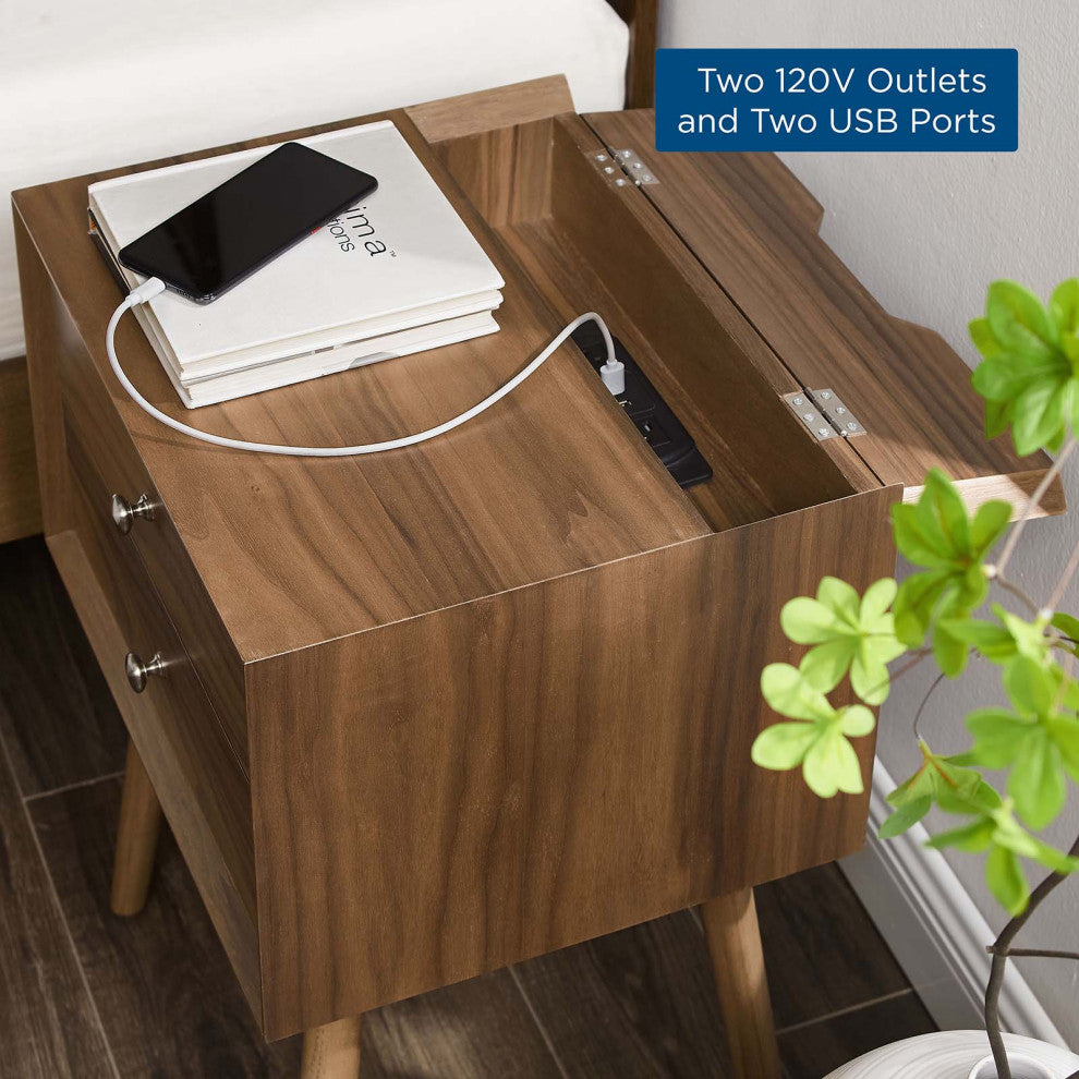 Nightstand Side End Table With USB, Wood, Brown Walnut, Modern Living Room