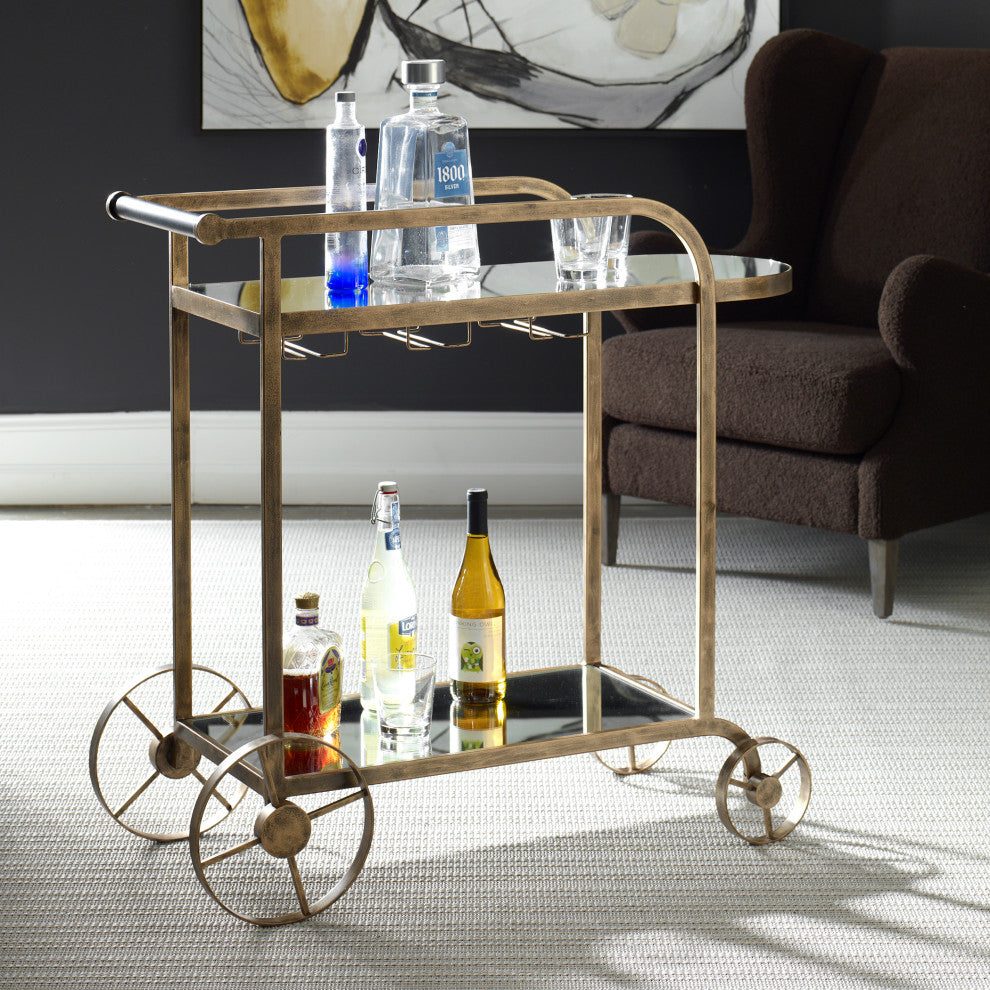 Lifestyle shot showing the bar cart in a real room; full product visible.