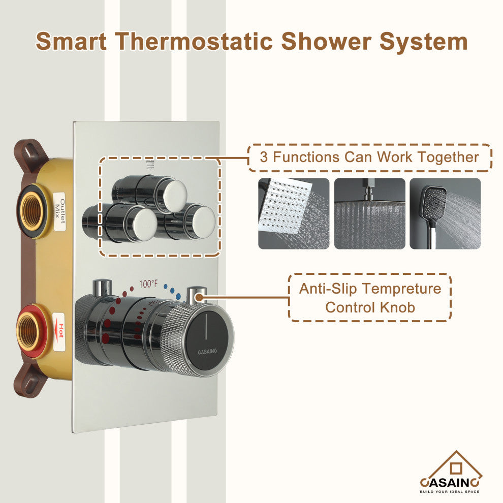 CASAINC 12" Ceiling Mounted Rainfall Shower System Set w Dual Shower Head, Chrome