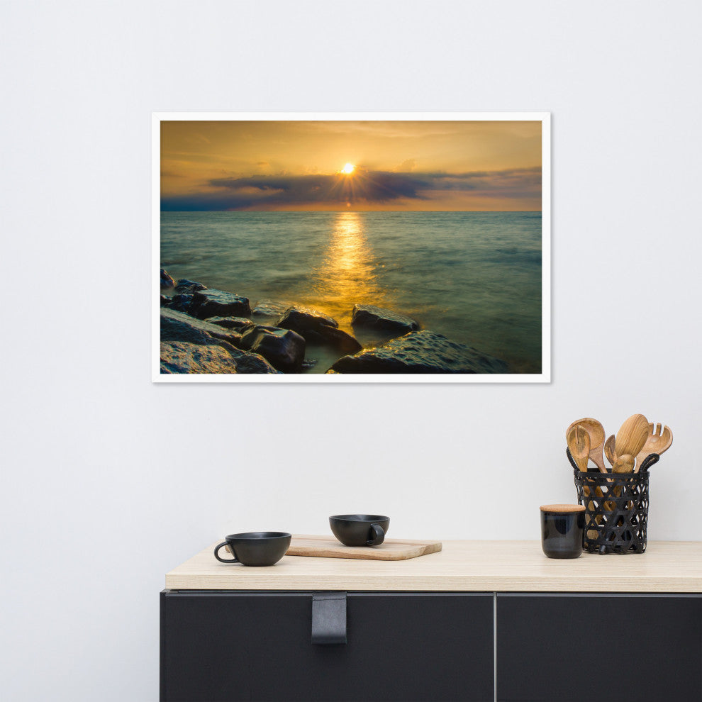 Sun Ray on the Water Coastal Landscape Framed Photo Paper Wall Art Print, White, 24" X 36"