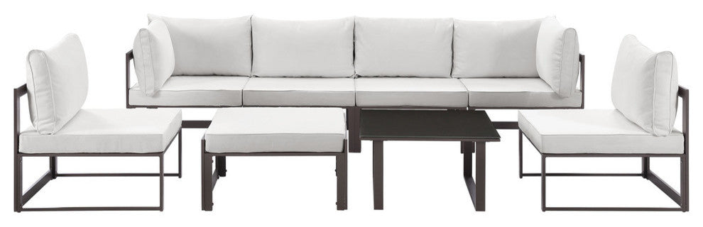 Modern Urban Contemporary Outdoor Patio Sectional Sofa Set, Brown White Fabric