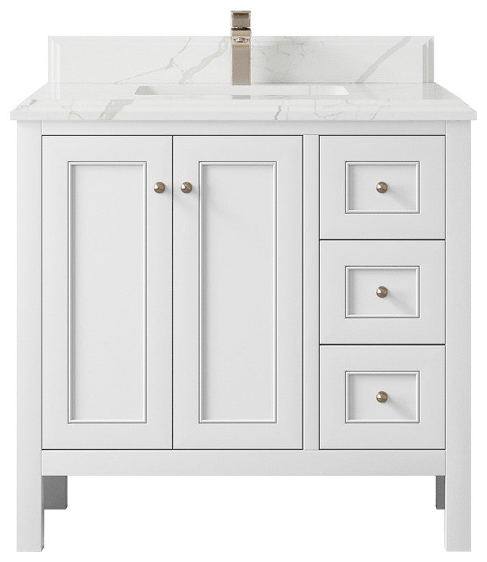 Nashville 36" Center Sink Bath Vanity, White 1.5" Calacatta Laza