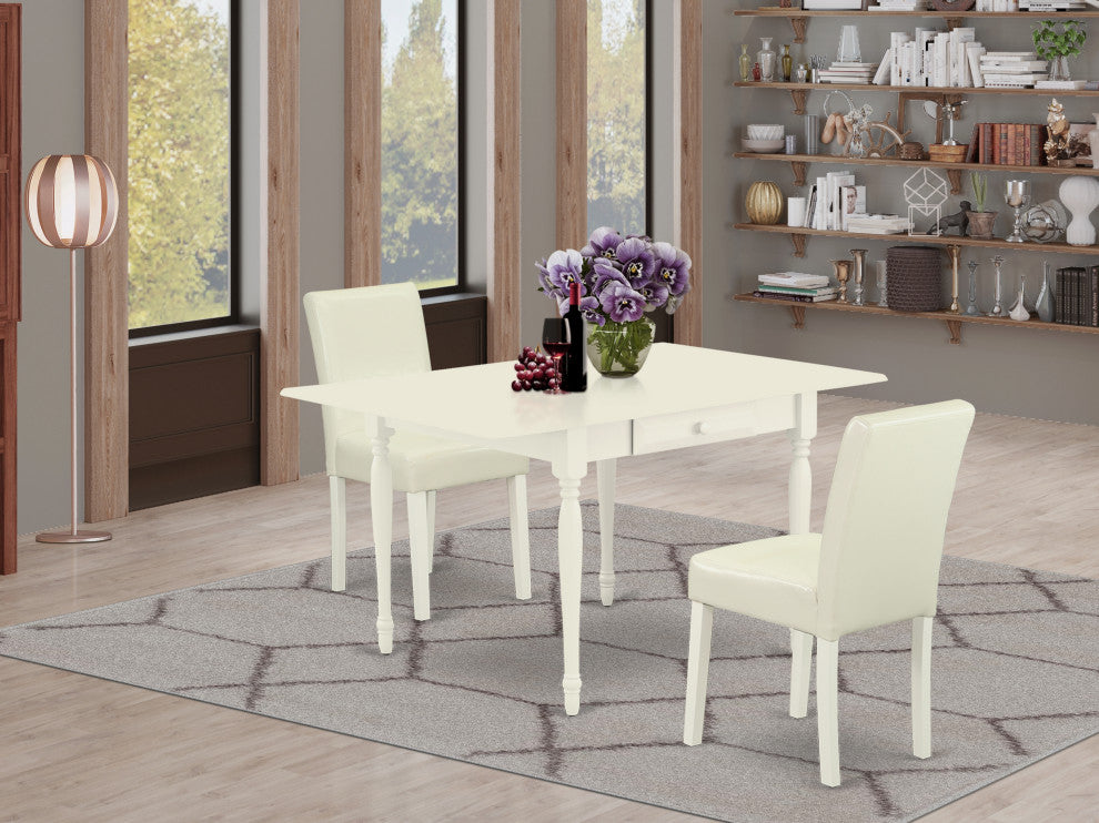 3-Piece Dining Set For 2, Table, 2 Chairs, White PU Leather, Drop Leaf Table